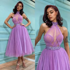 Fashion Lavender Prom Dresses Beads Collar Sequins Beading Evening Gowns Pleats Tea Length Formal Red Carpet Special Ocn Party Dress