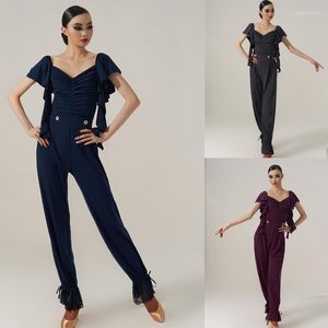 Vestuário de palco feminino valsa dança de salão roupas de competição manga plissada top latino leggings dança moderna traje adulto 8637