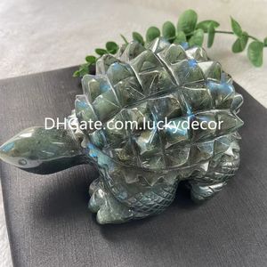 Large Labradorite Quartz Crystal Turtle Carving Art Gift Unique Stunning Natural Spiritual Mineral Spectrolite Gemstone Tortoise Animal Specimen with Rivet Back