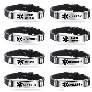 Gravyrbart armband i rostfritt stål Medical Alert ID Armband DIABETES EPILEPSI ALZHEIMERS ALLERGY Kvinnor Män Silikonarmband Partihandel