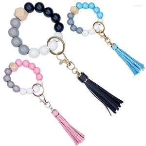 Keychains Creative Imitation Silicone Bead Bracelet Beech Wrist Key Chain Pendant Handmade Leather Tassel