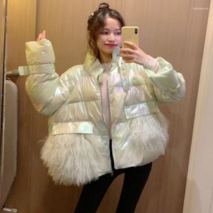 Jaqueta feminina de inverno de algodão brilhante 2023 gola de pele grande dourada parka grossa brilhante longa rosa azul parkas grandes grandes