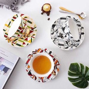 Mugs Couple breakfast coffee cup gift Jinbo mug geometric pattern ceramic cup and saucer set coffee mugs R230713
