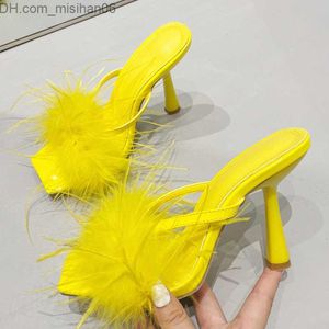 Тапочки Liyke Summer Fashion Yellow Fluffy Fur Women's Women's Slippers Mule High Heels Women's Gladiator Sandals Party Banquet Shoes Z230717