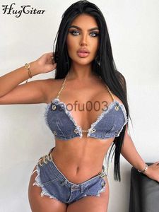 Kvinnors tvåbitar byxor Hugcitar Summer Women Vintage Denim 2 Piece Set Chain Halter Crop Top Lace Up trosor Festival Clothing Club Y2K Outfits Matching J230713