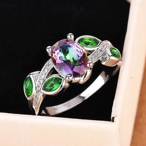 Cluster Rings Fashion Leaves Multicolor Crystal Zircon Diamonds Gemsten för kvinnor Vitt guld silverfärg smycken Tillbehör gåvor