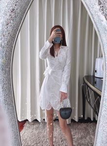 New Self Portrait White Cotton Exquisite Embroidery Long Sleeve Small Polo Collar Underlay Dress Style 2 Piece Set