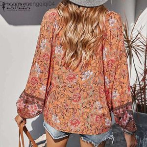 Women's Polos ZANZEA Bohemian Printed Shirt Women's Spring 2023 Casual Long sleeved V-neck Tuned Top Elegant Holiday Party Chemical Bluesas Z230713