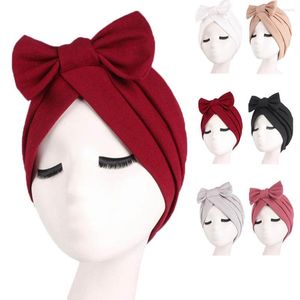 Abbigliamento etnico Donne musulmane Elastico Bowknot Volant Turbante Cappello Chemio Berretti solidi Berretto Bandane Copricapo Copricapo Cancro Perdita di capelli