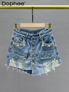 Kvinnors jumpsuits Rompers High Street Ripped Denim Shorts Culotte Women Summer 2023 Midja Löst Slimming Diamond A Line kjol Blue Jeans 230713