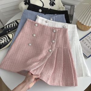 Skirts Women Chic Double Breasted Pleated Short Skirt High Waist Elegant Korean Fashion Fairycore A-line Sweet Casual Summer Clothing