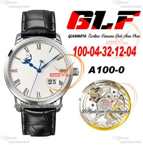 GLF Excellence Panorama Date Moon Phase A100-0 Orologio da uomo automatico Cassa in acciaio Quadrante romano bianco Pelle nera Super Version Edition Herrenuhr Reloj Hombre Puretime 1