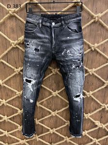 Jeans för män D383 Perforerad Elastisk Tvätt Små Fötter Tight Svart Grå D och Dambyxor 230712