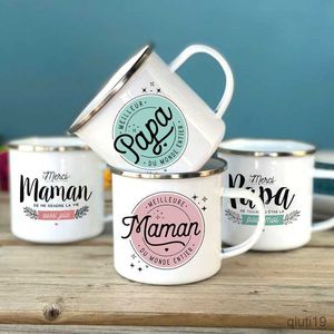 Mugs Best Dad Mom In The World French Print Mug Outdoor Drink Milk Coffee Cup Camping Enamel Mugs Festive Birthday Gift for Dad Mom R230713