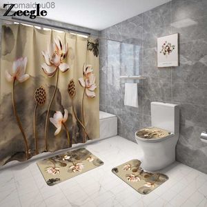 Floral Bathroom Carpet Bath Mat with Shower Curtain Set Flannel Toilet Seat Cover Mat Water Absorbing Bath Carpet Bathroom Rugs L230704