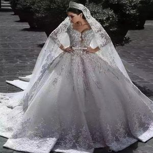 2023 árabe encantador uma linha vestidos de casamento ilusão completa rendas apliques designer cristal beading cetim mangas compridas capela trem 260i