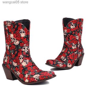 Boots Western Boots For Women Ankle Short Boots Flower Print Fashion Chunky Heel Slip On Vintage Cowboy Cowgirls Shoes 2022 Autumn T230713