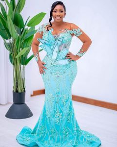 2023 Aso Ebi Sky Blue Mermaid Prom Dress Pizzo Perline Cristalli Sera Festa formale Secondo ricevimento Compleanno Abiti da fidanzamento Abiti Robe De Soiree ZJ735