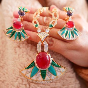 Pendant Necklaces Luxury Gold Plated Natural Shell Pearl Green Malachite Red Stone Colored Fan-shaped Large Earrings Necklace Jewelry Set Women 230712