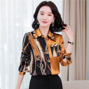 Designer Tops Gold Satin Blouse Women Long Sleeve Lapel Formal Button Up Shirts 2023 Fashion Print Elegant Youth Pattern Shirt and Blouses Office Silk Top