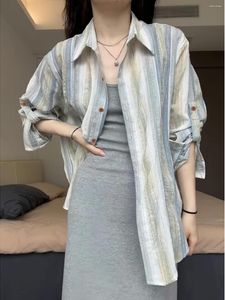 Women's Blouses Striped Sun Protection Blouse Ladies Thin Layer Designer Concept Unique Outer Wear Cardigan Shirt Jacket Cotton Top