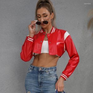 Women's Jackets Winter Leather Coat For Women Sexy Short Bomber Outwears Autumn Baseball Uniform Cardigan Woman Clothes 24462