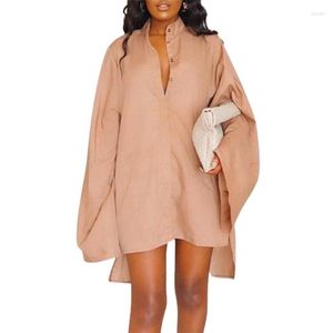 Casual Dresses Yeezzi Female Flared Sleeve High-Low Shirt Short Dress 2023 Summer Fashion Solid Color Stand Collar Mini For Women