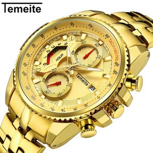 Temeite Entièrement Fonctionnel Hommes Montres Top Marque De Luxe Or Quartz Montre Étanche Mâle Montre-Bracelet Relogio Dourado Masculino198g