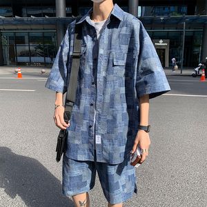 Herrspårar Summer Man sätter kort ärm överdimensionerade skjortor shorts koreansk stil patch pläd casual short kostym kläder män svart blå 5xl 230713