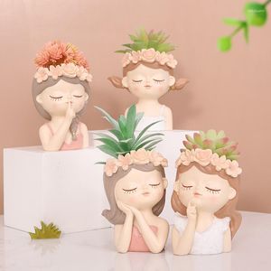 Vases Creative Cartoon Fairy Girls Desktop Resin Small Flower Pot Balcony Gardening Micro Landscape Succulent Table Top Flower-Planter