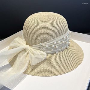 Wide Brim Hats Summer Elegant Straw Lace Pearl Mesh Shading Hat Female Bowknot French Big Fisherman