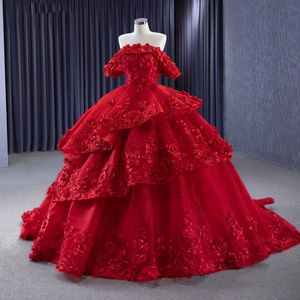 Vermelho Brilhante Quinceanera Vestidos 3D Flores Apliques Beading Sexy Strapless Strapless Vestidos de Baile Princesa Formatura Vestidos De 15 Anos