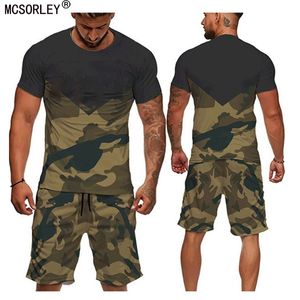 Fatos de Treino Masculino Conjunto de 2 Pçs Casual Camuflagem Exército Verde Manga Curta T-shirt Masculino Loose Tático Tático Shorts Calças Conjunto de Agasalho S6XL 230713