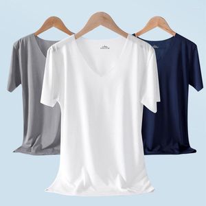 Regatas masculinas 5XL para homens Camisa de seda gelada de verão Mangas curtas Sem costura com decote em V Top de cor sólida Ultrafino Cool Sport T-shirt Undershirt Plus