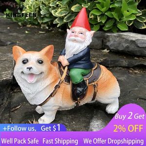 Bahçe Dekorasyonları 1 PC Komik Bahçe Gnome Statue Gnome Binicilik Bir Corgi Heykel Kapalı Açık Dekor Bahçesi Veranda Yard Çim Dekor L230714