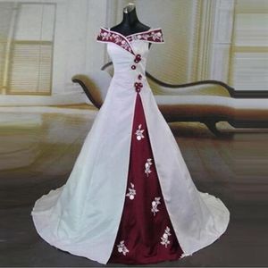 Stunning White and Burgundy Wedding Dress Vintage Handmade Appliques Off Shoulder Satin A Line Bridal Gowns Vestido de Noiva224h