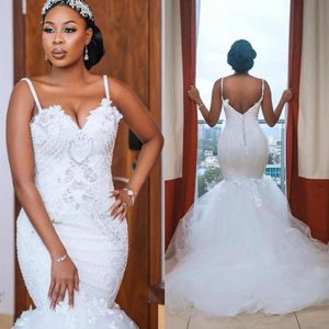 African Dubai Arabic Plus Size Mermaid Wedding Dresses Spaghetti Strap Bridal Gowns Beads Crystals Appliques Runched Court Train F208H