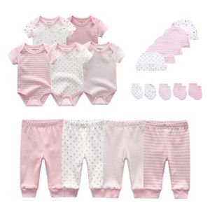 Kleidung Sets 2023 Baumwolle Solide geboren Baby Unisex Bodys Hosen Hüte Handschuhe Mädchen Jungen Kleidung Kurzarm Roupas de bebe 230713