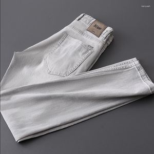 Jeans masculino de alta qualidade de algodão elástico cinza claro lavagem verão fino macio calça masculina jovem ajuste perna reta casual