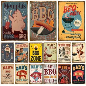 Fuuny BBQ Party Metal Metal Sign retro zona de churrasqueira lata de lata vintage grelha metal metal poster estético Sala de estar decoração de parede de parede de penduramento ao ar livre W01