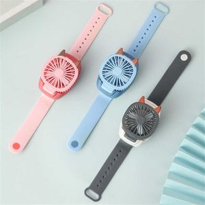 Electric Fans Portable Wrist Strap Mini Watch Hand Håller FAN USB Laddar Small Cartton Design Laddningsbara fans med färgglada LED -lampor