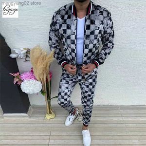 Men's Tracksuits 2023 New Listing Plaid Men's Sports 2 Pieces Sets Tracksuit Jackets+Pants Sportwear Gentlemen Slim Fit Mens Suit Men Clothes T230714