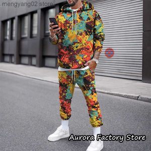 Men's Tracksuits Colorful Painting Hoodie Set Men's Autumn Tracksuit Long-Sleeve Sweatshirt Sweatpants Male Splash Ink Print Clothing T230714