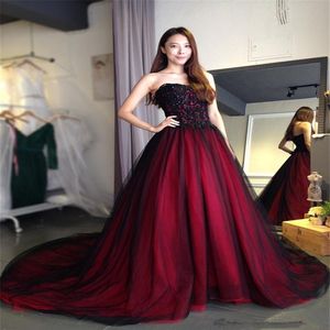 Gothic A-Line Wedding Dresses Sweetheart Lace Up Back Floor Length Long Black Red robe de soiree Wedding Bridal Gowns vestidos de 343F
