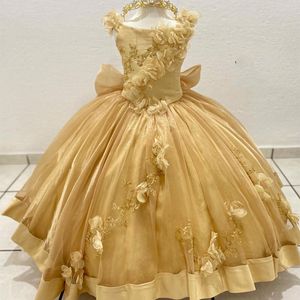 Luxury Gold Flower Girls Dress Off the Shoulder Appliques Pearls 3DFlower Ball Gowns Cute Child Dress vestidos para ninas