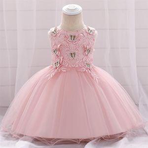 Bebê menina primeiro aniversário vestido criança borboleta adesivo flores vestido de noiva tule rosa vestido de princesa para festa de casamento crianças clot218k