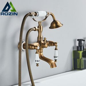 Bathroom Shower Heads Rozin Retro Style Brass Bathtub Faucet Set Dual Knobs Wall Mounted Mixer with Handshower and Swivel Tub Spout Tap 230713