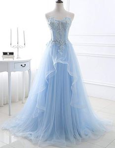 New Sky Blue A-line Prom Formal Dress 2023 Sweetheart Lace Appliques Tulle Evening Birthday Gowns Robe De Soiree Customed LCMN002