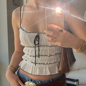 Canotte da donna Camis Maemukilabe Ruffled Laminated Slim Fit Camis Front Lace Up Bow Low Cute Mini Canotta 00s Retro Y2K Fairycore Grunge Crop Top Donna 230714