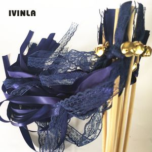 Present Wrap Est 50st Lot Navy Lace Wedding Ribbon Wands and Big Bells For Wedding Decoration 230713